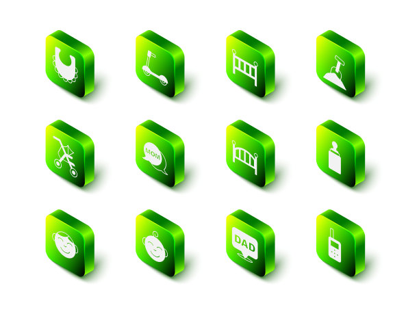 设置轮式滑板车，婴儿床摇篮床，沙盒与沙铲，瓶子，监视器对讲机，讲话泡沫爸爸和小男孩的头图标。向量图片下载