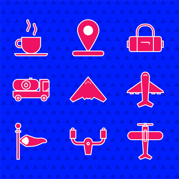 设置喷气战斗机，飞机舵机，飞机，锥体气象风向标，油罐车，手提箱和咖啡杯图标。向量图片下载