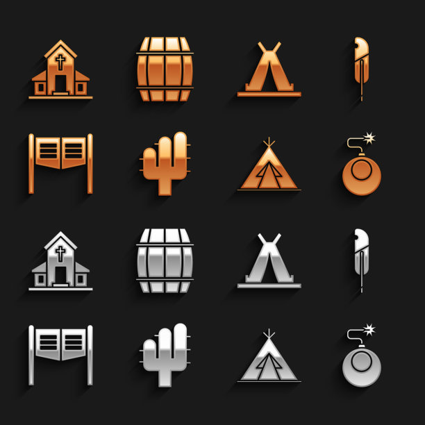 设置仙人掌，羽毛笔，炸弹准备爆炸，印第安帐篷或棚屋，沙龙门，教堂建筑和木桶图标。向量图片下载