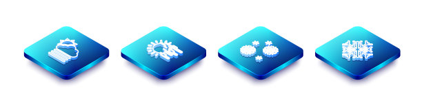 设置等距线雾和云与太阳，雪花和雪花图标。向量图片下载