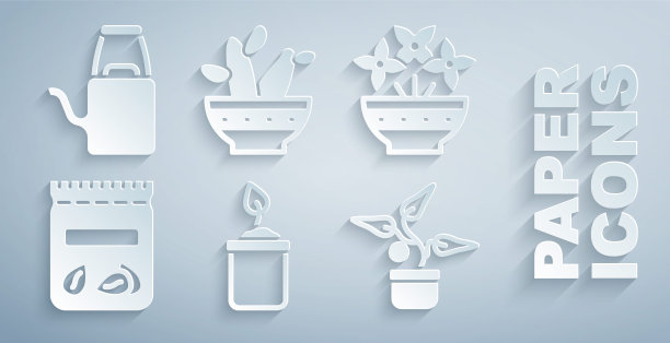 设置发芽在瓶子，花瓶，包装充满植物的种子，花盆，仙人掌peyote和浇水罐图标。向量图片下载