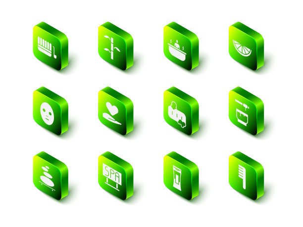 竹竿带叶，浴缸，柑橘果，蜂蜜勺棒和碗，发刷，肥皂泡沫，瓶子洗发水和水疗沙龙招牌图标。向量图片下载