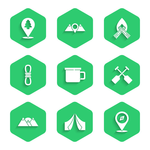 设置野营金属马克杯，旅游帐篷，指南针，桨，山，攀登者的绳子，营火和森林图标的位置。向量图片下载