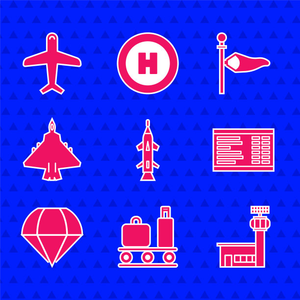 设置火箭，机场传送带手提箱，控制塔，板，降落伞，喷气式战斗机，锥形气象风向标和飞机图标。向量图片下载