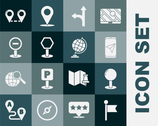 设置定位标志，推钉，城市地图导航，道路交通标志，停止，路线位置和地球仪图标。向量图片下载