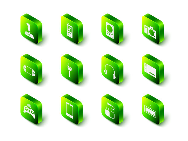 设置音乐播放器，硬盘驱动器HDD，照片相机，图形平板电脑，键盘，耳机，充电器和智能手机，移动图标。向量图片下载