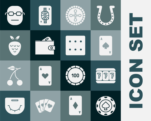 设置赌场筹码，老虎机与幸运7，玩纸牌黑桃，轮盘赌轮，钱包钱，插槽草莓，扑克玩家和游戏骰子图标。向量图片下载