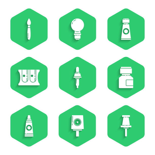 设置移液器，喷雾罐喷嘴帽，推销，油漆，水粉，罐子，染料，管与颜料调色板，卷笔刀，和笔刷图标。向量图片下载