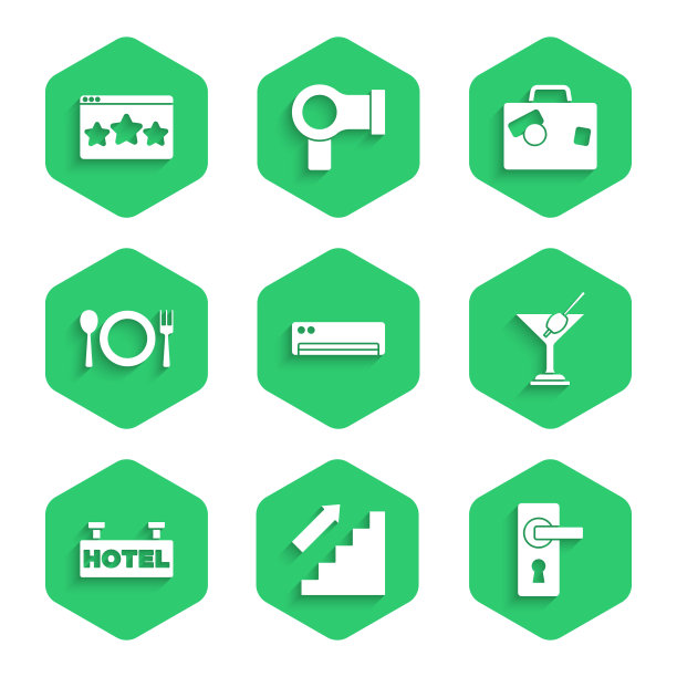 设置空调、楼梯、门把手、马提尼酒杯、酒店招牌、餐盘、餐叉、箱包、五星点评图标。向量图片下载