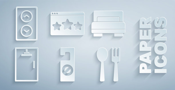 设置请勿打扰，酒店客房床，淋浴房，餐叉和勺子，五星评级和升降机图标。向量图片下载