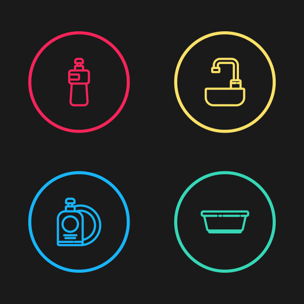 设有洗洁精瓶、盘、塑料盆、洗脸盆、水龙头及图标。向量图片下载