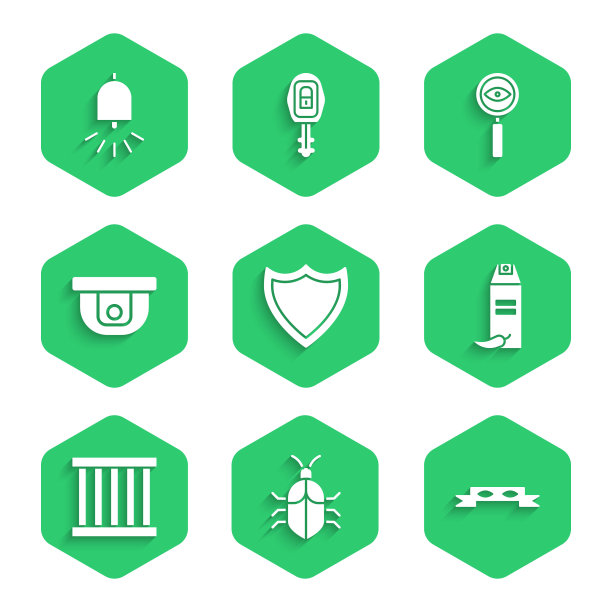 设置盾牌，系统bug概念，小偷眼罩，胡椒喷雾，监狱窗口，运动传感器，放大镜搜索和响警铃图标。向量图片下载