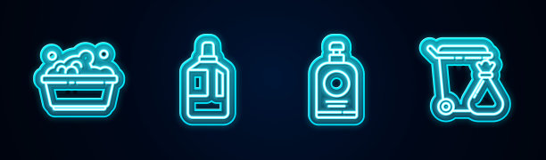 设置有带肥皂泡沫的塑料盆、织物柔软剂、洗手液瓶和垃圾桶垃圾袋。发光的霓虹灯图标。向量图片下载