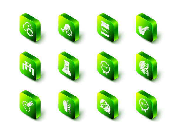 设置转基因研究鸡，转基因，转基因苹果，转基因橘子，生物健康食品标签，生态，DNA符号和图标。向量图片下载