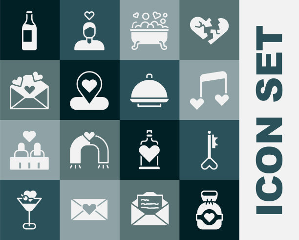 设置巧克力糖果，钥匙在心脏形状，音乐笔记，心脏的音调，浪漫的浴室，位置，信封情人节，酒瓶和覆盖托盘图标。向量图片下载