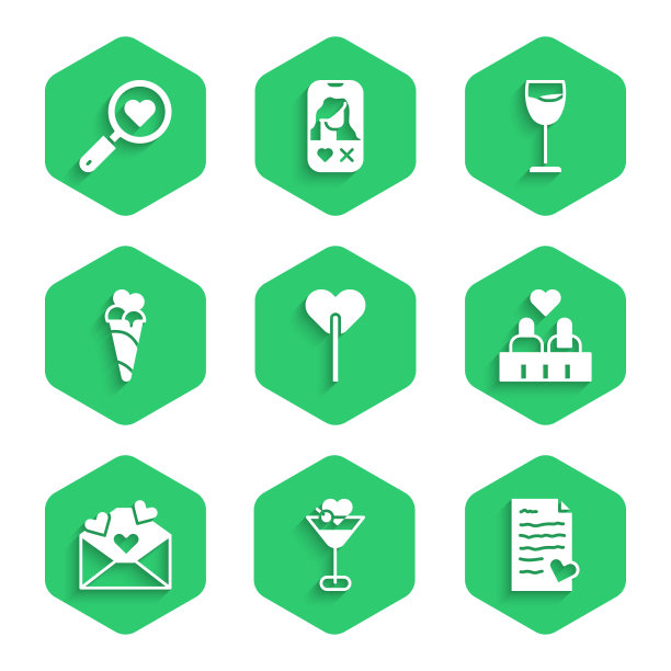 设置棒棒糖，马提尼杯，信封与情人节的心，情侣的爱，冰淇淋华夫筒，葡萄酒和搜索和图标。向量图片下载