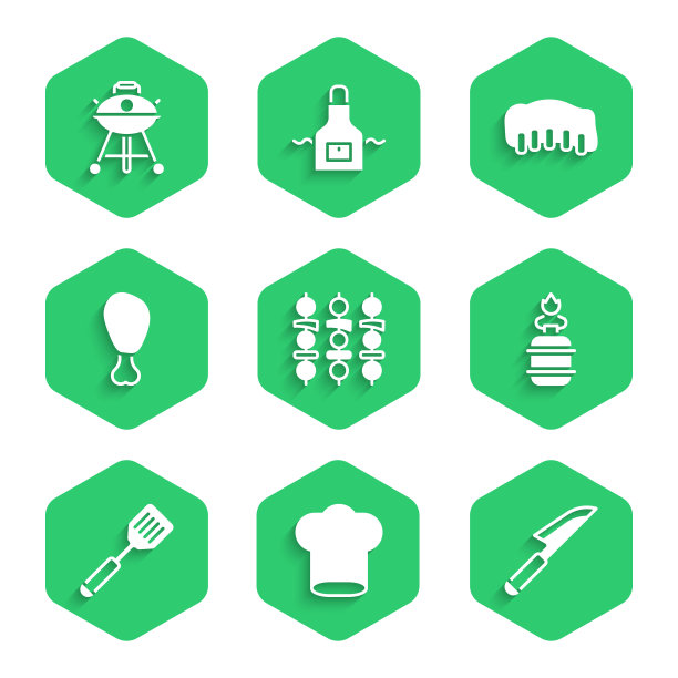 Set Grilled shish kebab, Chef hat, Knife, Camping gas stove, Spatula, Chicken leg, pork bbq ribs and Barbecue grill icon。向量图片下载