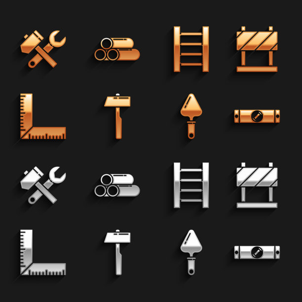设置锤子，道路屏障，施工气泡水平，泥铲，角尺，木制楼梯，扳手扳手和工业金属管道图标。向量图片下载