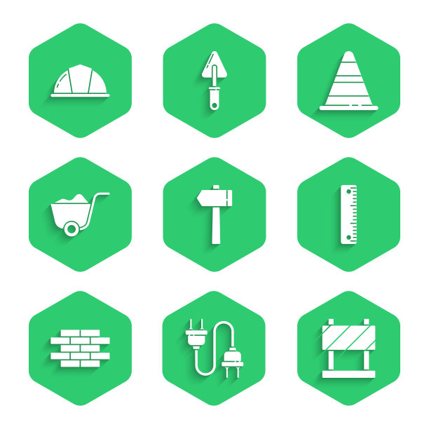 设置锤子，电插头，路障，尺子，砖，铲，交通锥和工人安全帽图标。向量图片下载