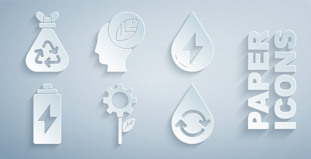 设置叶片植物齿轮机，水能，电池，回收清洁的水，人的头部与叶片内部和垃圾袋回收图标。向量图片下载