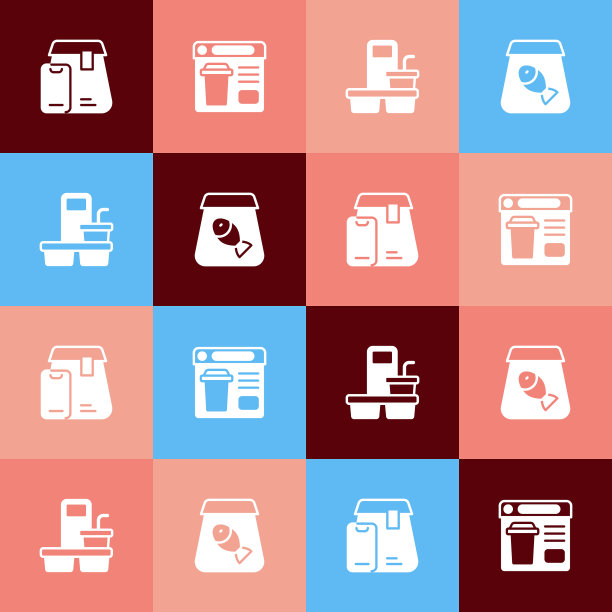 设置波普艺术在线订购食物，咖啡杯去和鱼图标。向量图片下载