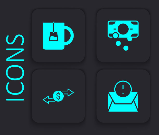 设置信封，杯茶，叠纸钱现金和货币兑换图标。黑色方形按钮。向量图片下载