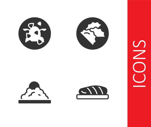 集鱼排、宫保鸡丁、碗饭、饺子图标于一身。向量图片下载