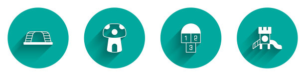 设置猴子酒吧，蘑菇屋，跳房子和滑梯操场图标与长阴影。向量图片下载