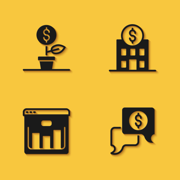 设置美元工厂，商务谈判，浏览器与股票市场和银行大楼图标与长阴影。向量图片下载