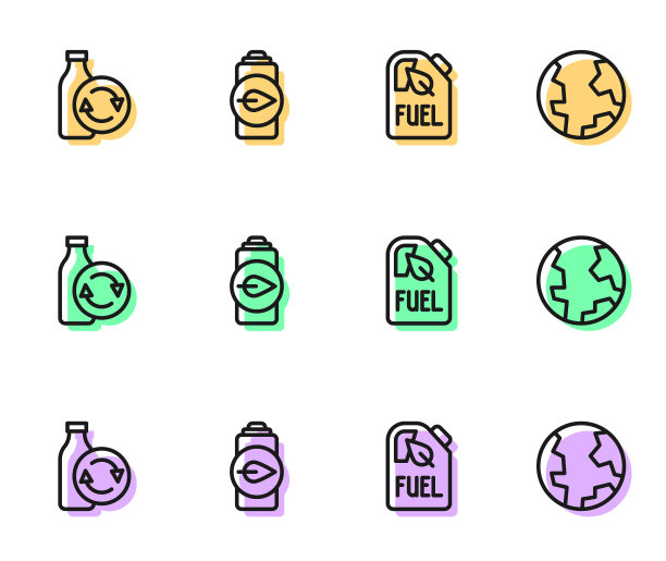 集生物燃料罐、回收塑料瓶、生态叶片电池、地球图标于一体。向量图片下载