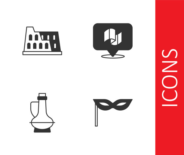 设置嘉年华面具，竞技场，橄榄油和意大利国旗的图标。向量图片下载