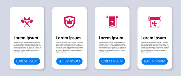 设置十字军，中世纪旗帜，带王冠的盾牌和交叉的中世纪斧头。业务信息模板。向量图片下载