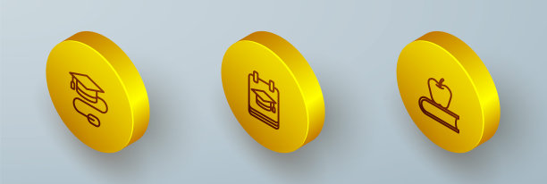 设置等距线毕业帽鼠标，在线教育和书苹果图标。向量图片下载