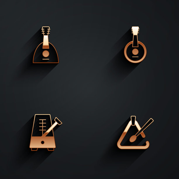 设置巴拉莱卡，班卓琴，钟摆节拍器和三角乐器图标与长阴影。向量图片下载