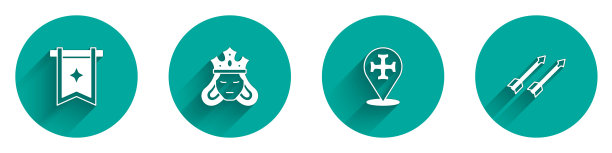 设置中世纪旗帜，公主或女王，十字军和箭头图标与长阴影。向量图片下载