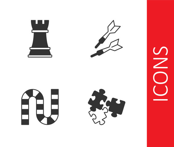 设置拼图玩具，国际象棋，棋盘游戏和飞镖箭头图标。向量图片下载