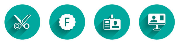 设置剪刀，试卷错误答案，身份徽章和在线课程图标与长阴影。向量图片下载