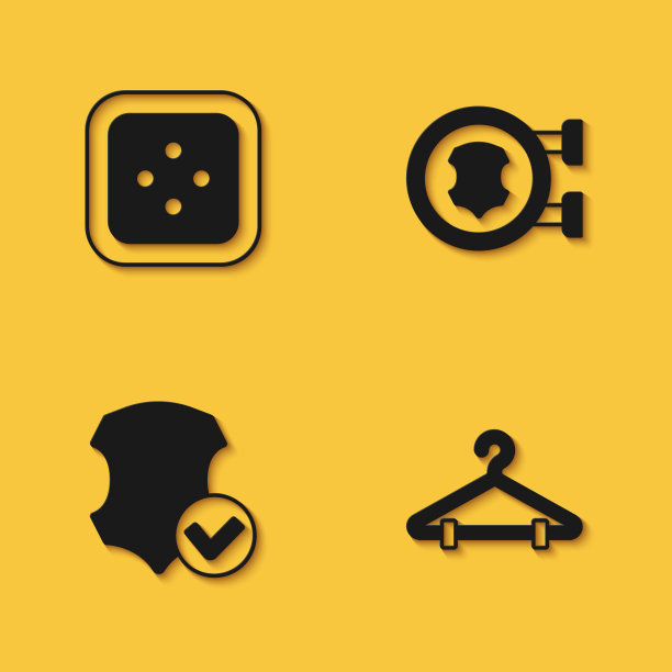 设置缝纫按钮，衣服，衣架衣柜，皮革和图标与长阴影。向量图片下载