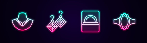 设置线项链人体模型，耳环，钻石订婚盒和。发光的霓虹灯图标。向量图片下载