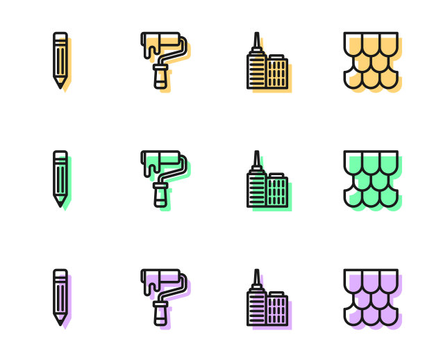 设置线城市景观，铅笔与橡皮擦，油漆辊刷和屋顶瓷砖图标。向量图片下载