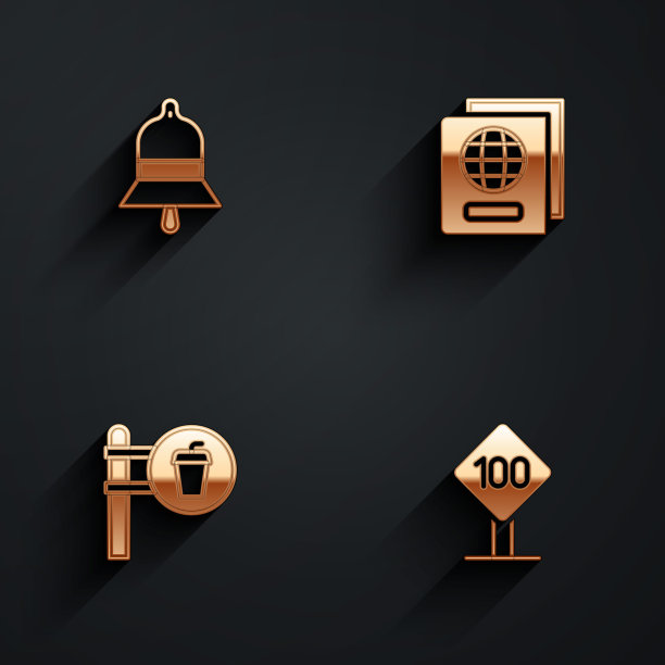 设置火车站铃声，护照，咖啡厅和餐厅的位置和限速交通标志100公里图标长阴影。向量图片下载