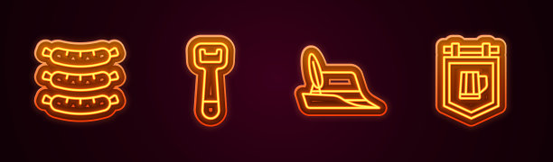 设置线香肠，开瓶器，啤酒节的帽子和招牌与啤酒。发光的霓虹灯图标。向量图片下载