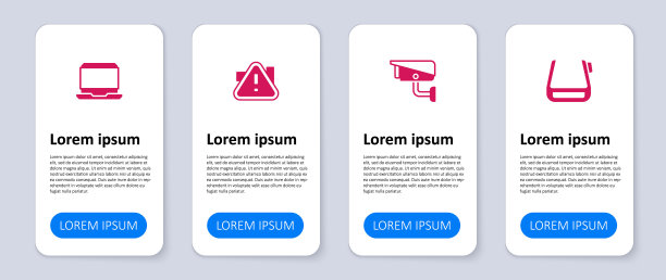 眼镜上安装智能眼镜，安防摄像头，三角感叹号，笔记本电脑。业务信息模板。向量图片下载