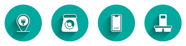 设置咖啡厅和餐厅的位置，在线点餐，食品移动和咖啡杯去图标与长阴影。向量图片下载