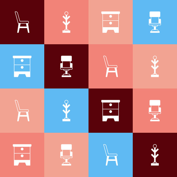 设置流行艺术椅子，衣帽架，家具床头柜和办公椅图标。向量图片下载