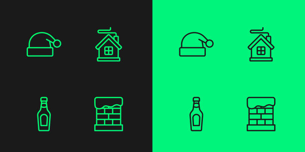 圣诞烟囱、香槟、圣诞帽和欢乐小屋图标矢量素材图片下载