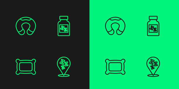 设置线瞌睡，枕头，旅行脖子枕头和睡眠图标。向量图片下载