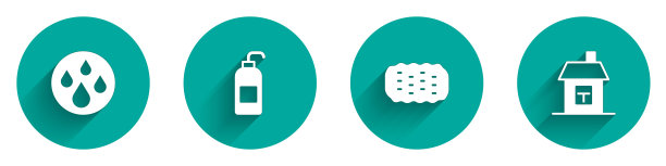 设置水滴，抗菌肥皂，海绵和房子图标长阴影。向量图片下载