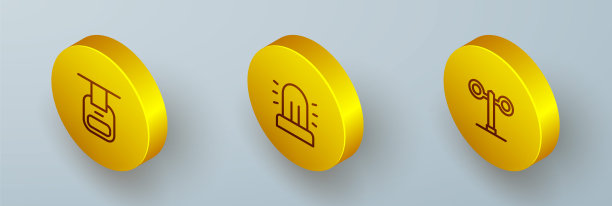 设置等距线缆车，闪光警报器和火车交通灯图标。向量图片下载