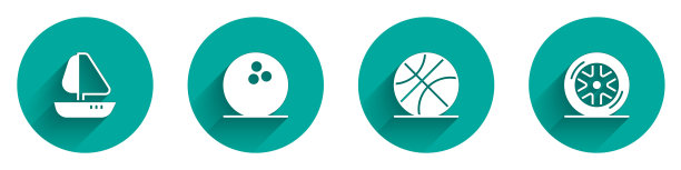 设置游艇帆船，保龄球，篮球和车轮图标的长阴影。向量图片下载